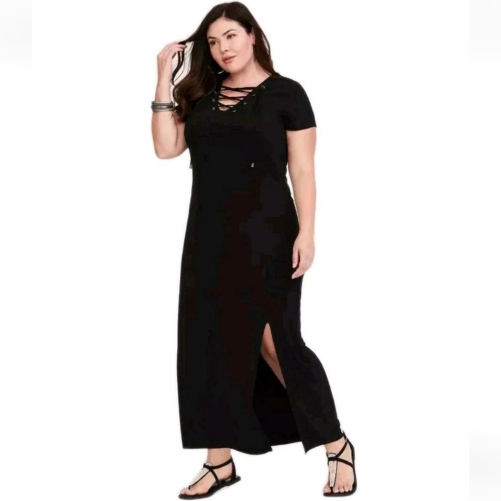 Torrid T-shirt Dress Woman Plus 1X Lace Up V-Neck Jersey Black Maxi Long Beachy